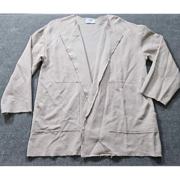 Zara Cardigan Womens L Beige LS Open Front Raw Hem Neutral Preppy Mono Boho FLAW - Picture 8 of 15